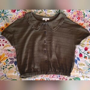 Madewell Dark Green Textured Knit Crop Top With Sweetheart Collar